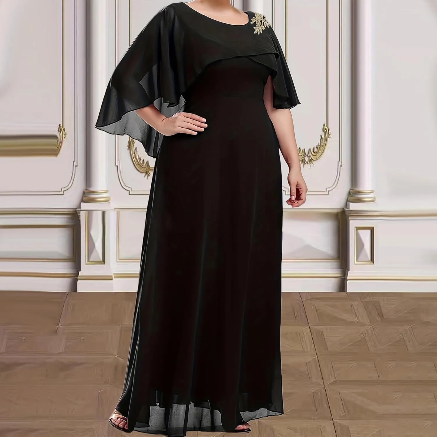 Women's Plus Size Elegant Chiffon Dresses Cape Maxi Dress Evening Gowns Wedding Guest Prom Formal Dresses