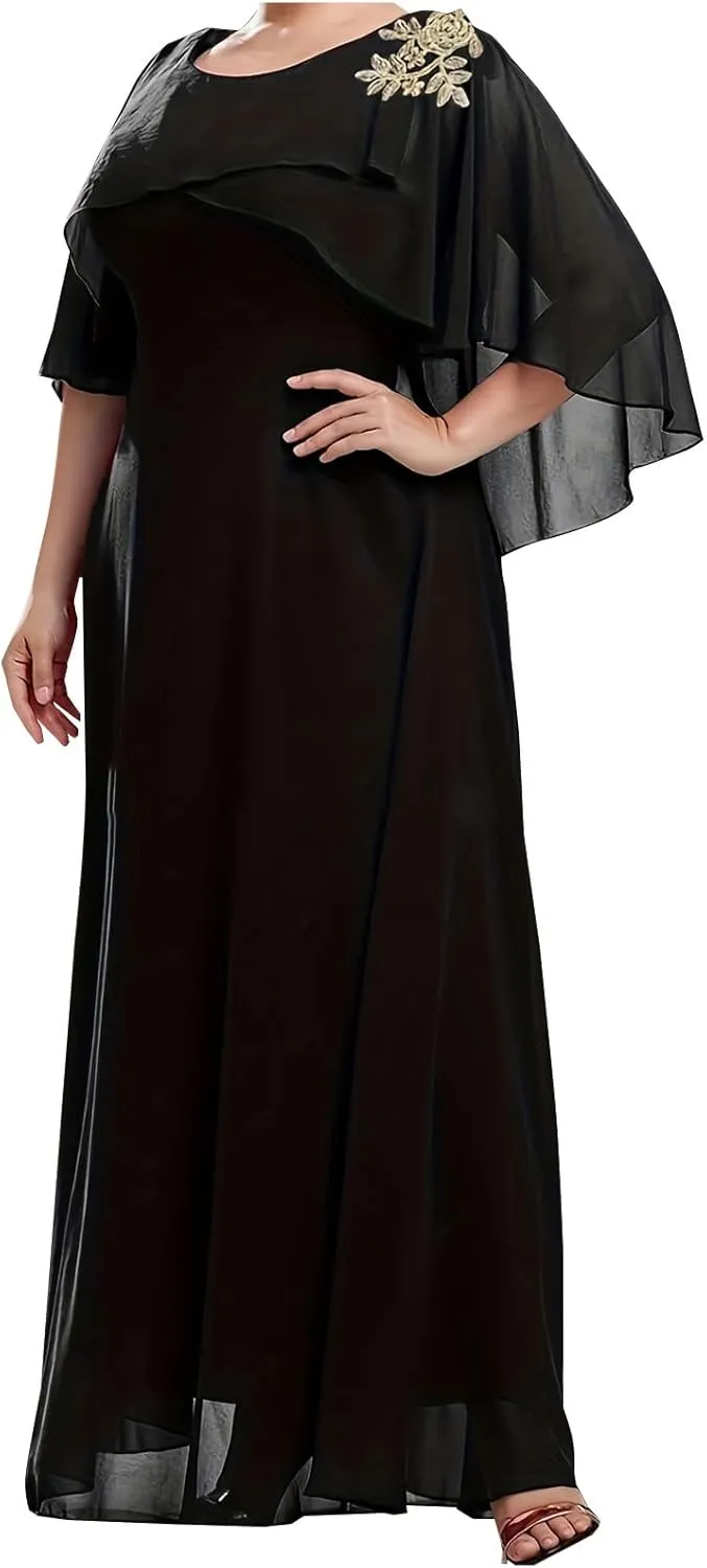 Women's Plus Size Elegant Chiffon Dresses Cape Maxi Dress Evening Gowns Wedding Guest Prom Formal Dresses
