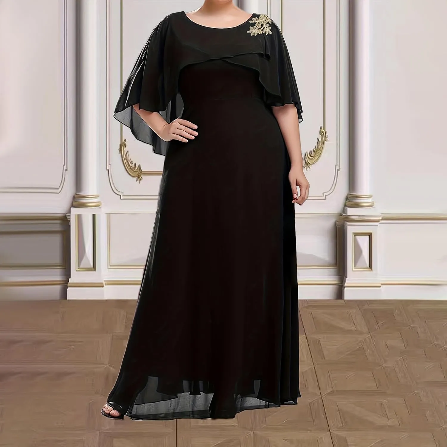 Women's Plus Size Elegant Chiffon Dresses Cape Maxi Dress Evening Gowns Wedding Guest Prom Formal Dresses