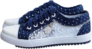 Women's Polka Dot Lace-Up Denim Mesh Sneakers | Casual Flat Canvas Shoes - Breathable Comfort for Everyday Wear