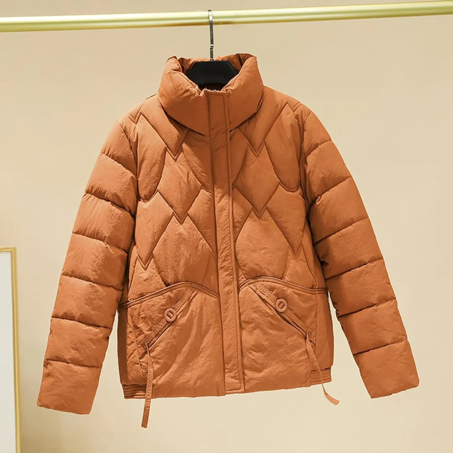 Women's Puffer Jacket Stand Collar Warm Thickened Zip Up Down Jacket Quilted Parkas Casual Outerwear with Pockets