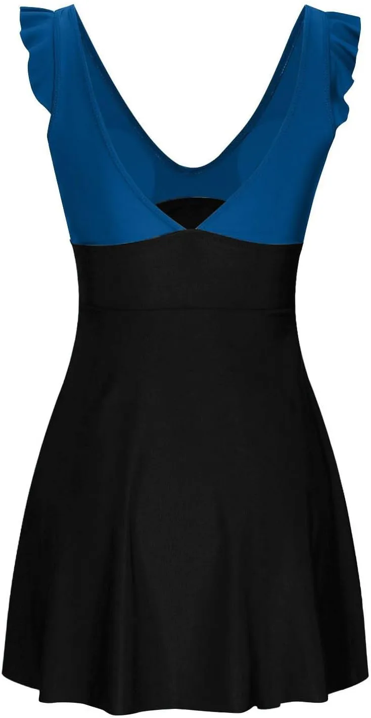 Womens Ruffle Swimdress One Piece Swimsuit Tummy Control V Neck Cutout Cross Wrap Swimwear Bathing Suits with Skirt