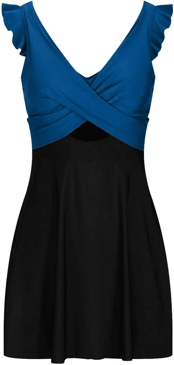 Womens Ruffle Swimdress One Piece Swimsuit Tummy Control V Neck Cutout Cross Wrap Swimwear Bathing Suits with Skirt