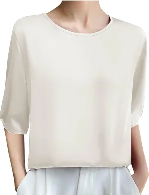 Women's Satin Blouse Dressy Casual 3/4 Sleeve Silk Tops Crewneck Formal Business Office Work Shirt Tee Cute Tshirt