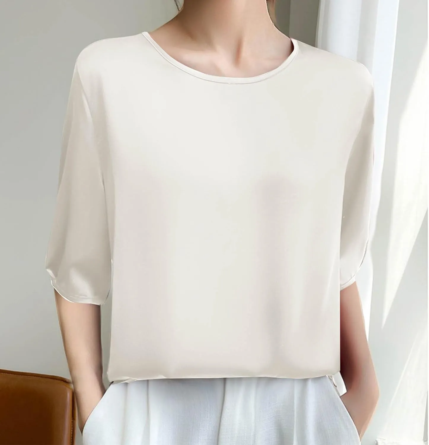 Women's Satin Blouse Dressy Casual 3/4 Sleeve Silk Tops Crewneck Formal Business Office Work Shirt Tee Cute Tshirt