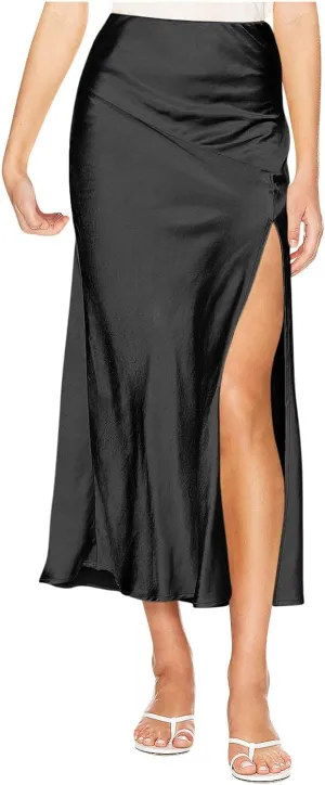 Women's Satin High Waisted Side Split Maxi Skirt Elastic Waistband Zipper Long Skirts A-Line Cocktail Work Skirt
