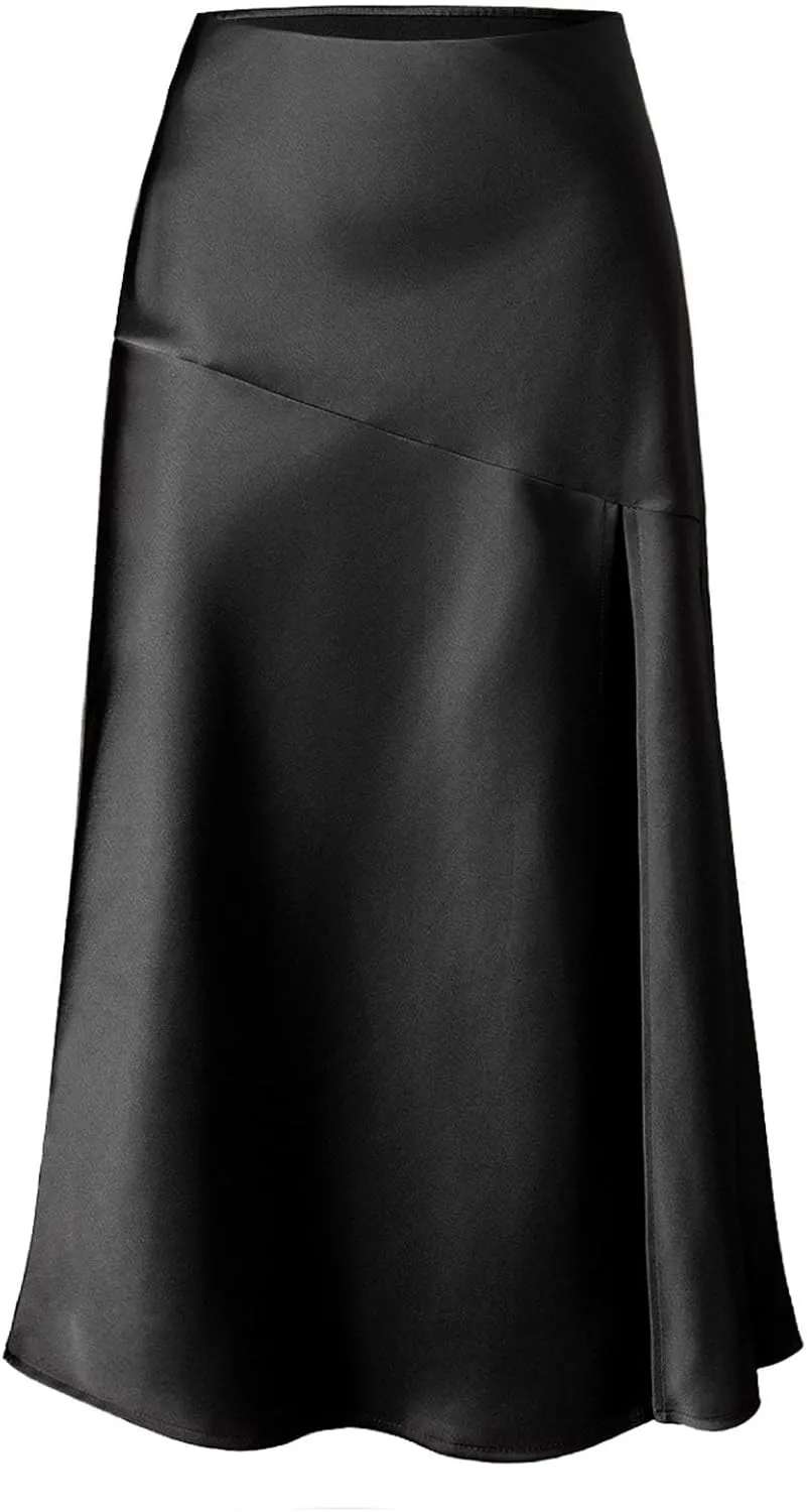 Women's Satin High Waisted Side Split Maxi Skirt Elastic Waistband Zipper Long Skirts A-Line Cocktail Work Skirt