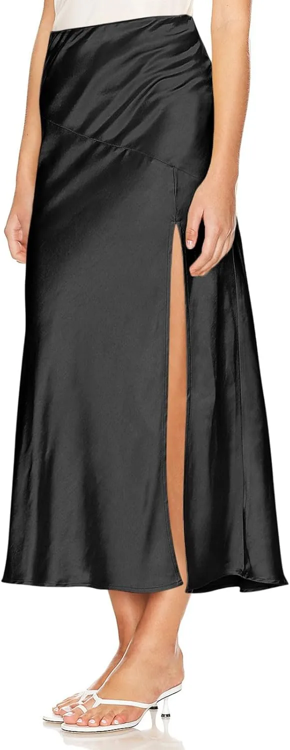 Women's Satin High Waisted Side Split Maxi Skirt Elastic Waistband Zipper Long Skirts A-Line Cocktail Work Skirt