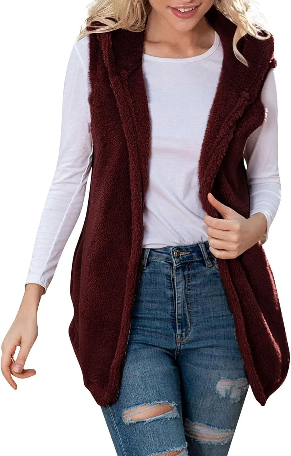 Womens Sherpa Vest Fuzzy Fleece Open Front Hooded Cardigan Sweater 2024 Fall Jacket Outwear Winter Coat with Pockets