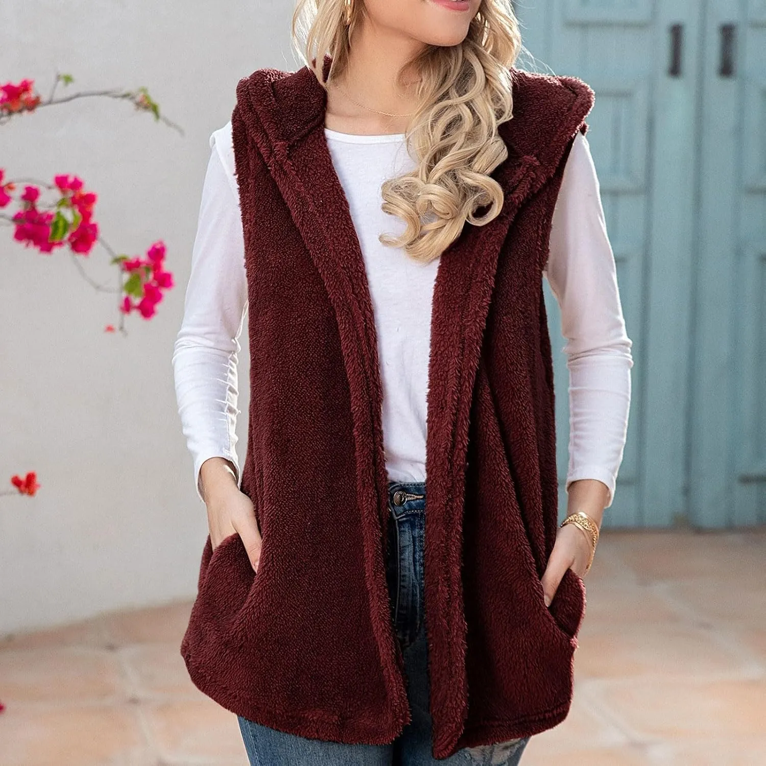 Womens Sherpa Vest Fuzzy Fleece Open Front Hooded Cardigan Sweater 2024 Fall Jacket Outwear Winter Coat with Pockets