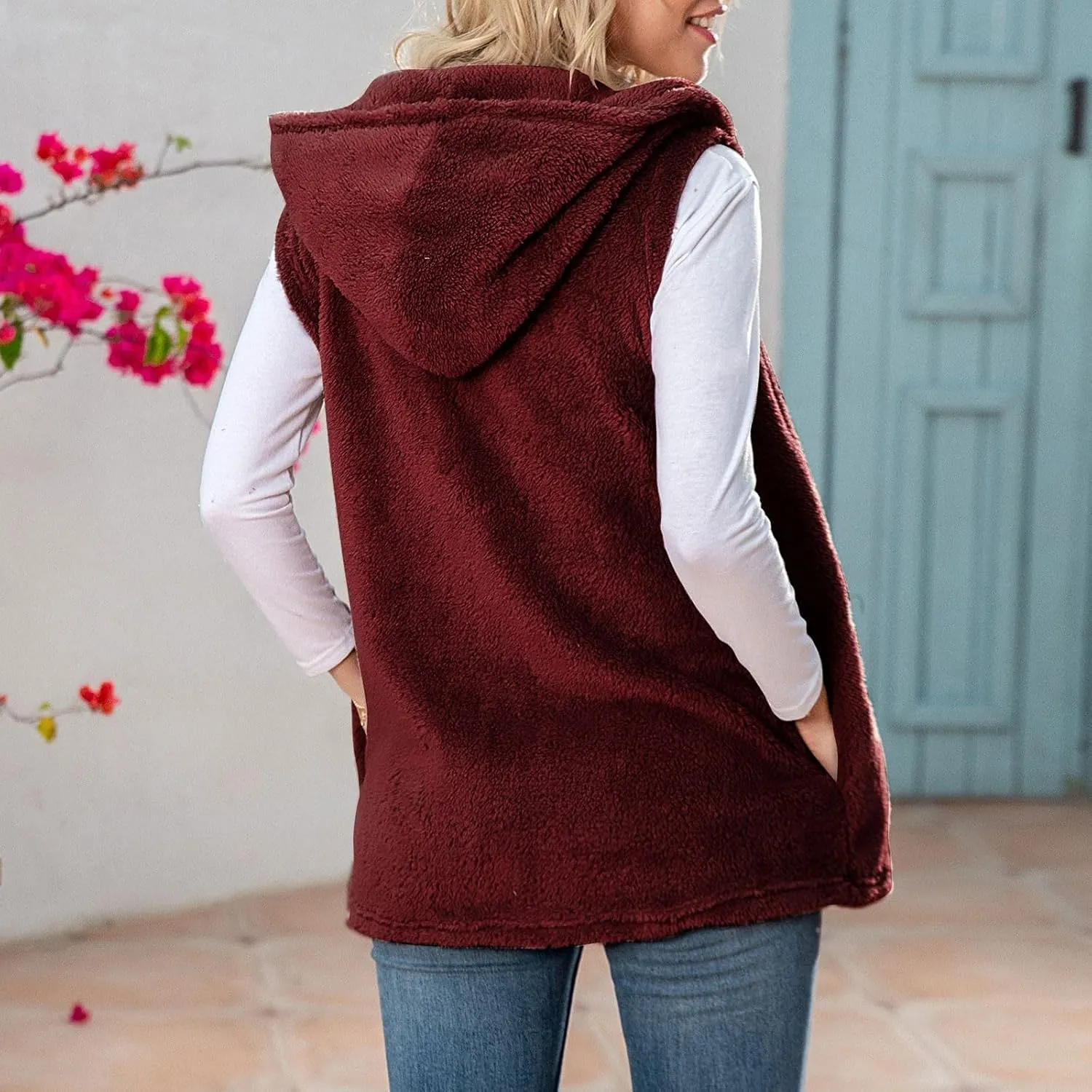 Womens Sherpa Vest Fuzzy Fleece Open Front Hooded Cardigan Sweater 2024 Fall Jacket Outwear Winter Coat with Pockets