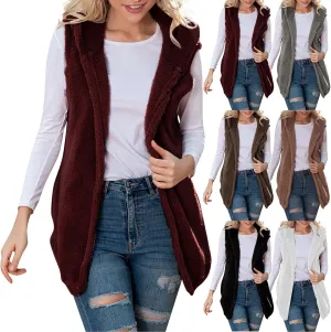 Womens Sherpa Vest Fuzzy Fleece Open Front Hooded Cardigan Sweater 2024 Fall Jacket Outwear Winter Coat with Pockets