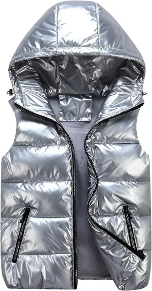 Womens Shiny Puffer Down Vest Quilted Zip Up Hat Collar Pocketed Sleeveless Jacket Puffer Vest Women