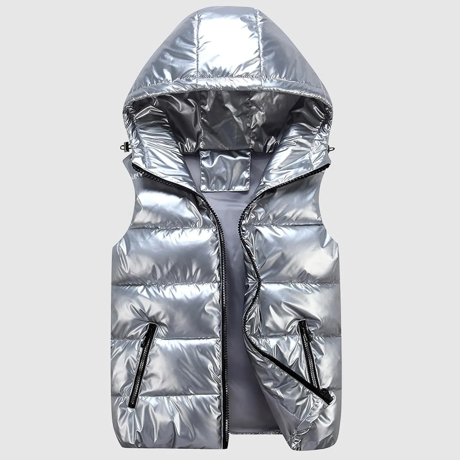 Womens Shiny Puffer Down Vest Quilted Zip Up Hat Collar Pocketed Sleeveless Jacket Puffer Vest Women