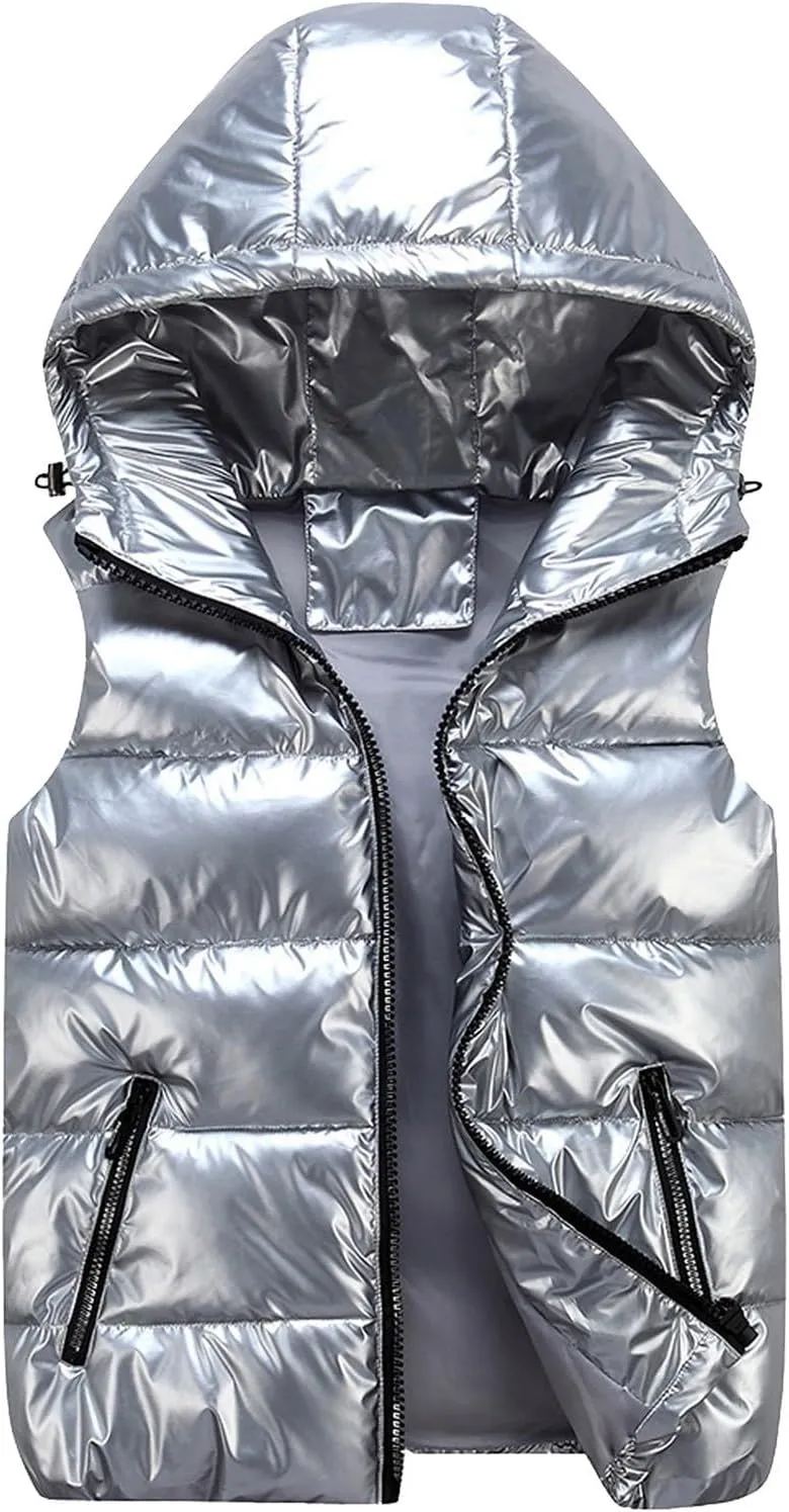 Womens Shiny Puffer Down Vest Quilted Zip Up Hat Collar Pocketed Sleeveless Jacket Puffer Vest Women