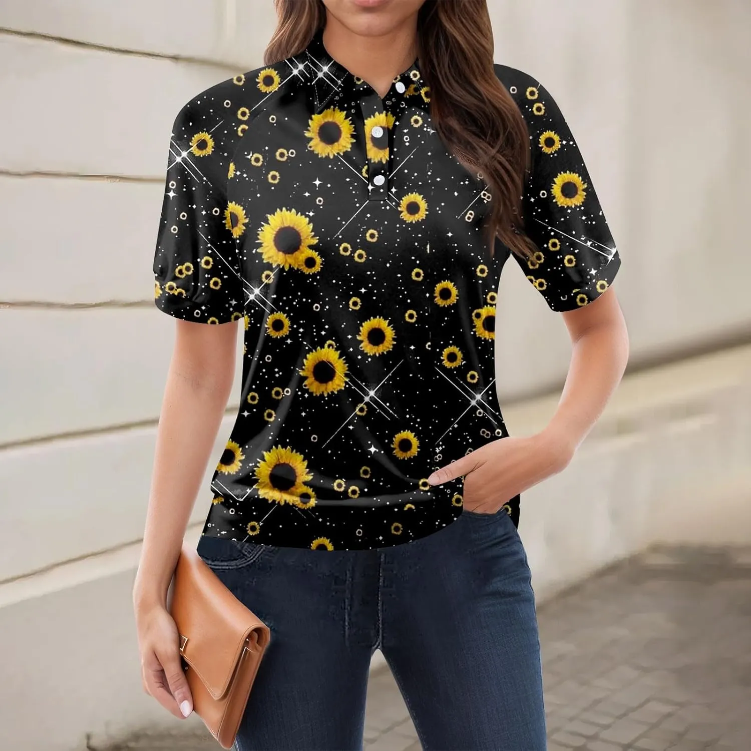 Womens Shirts Casual Short Sleeve Summer Tops Trendy Floral Print Blouses Lapel Collared Work Outfits