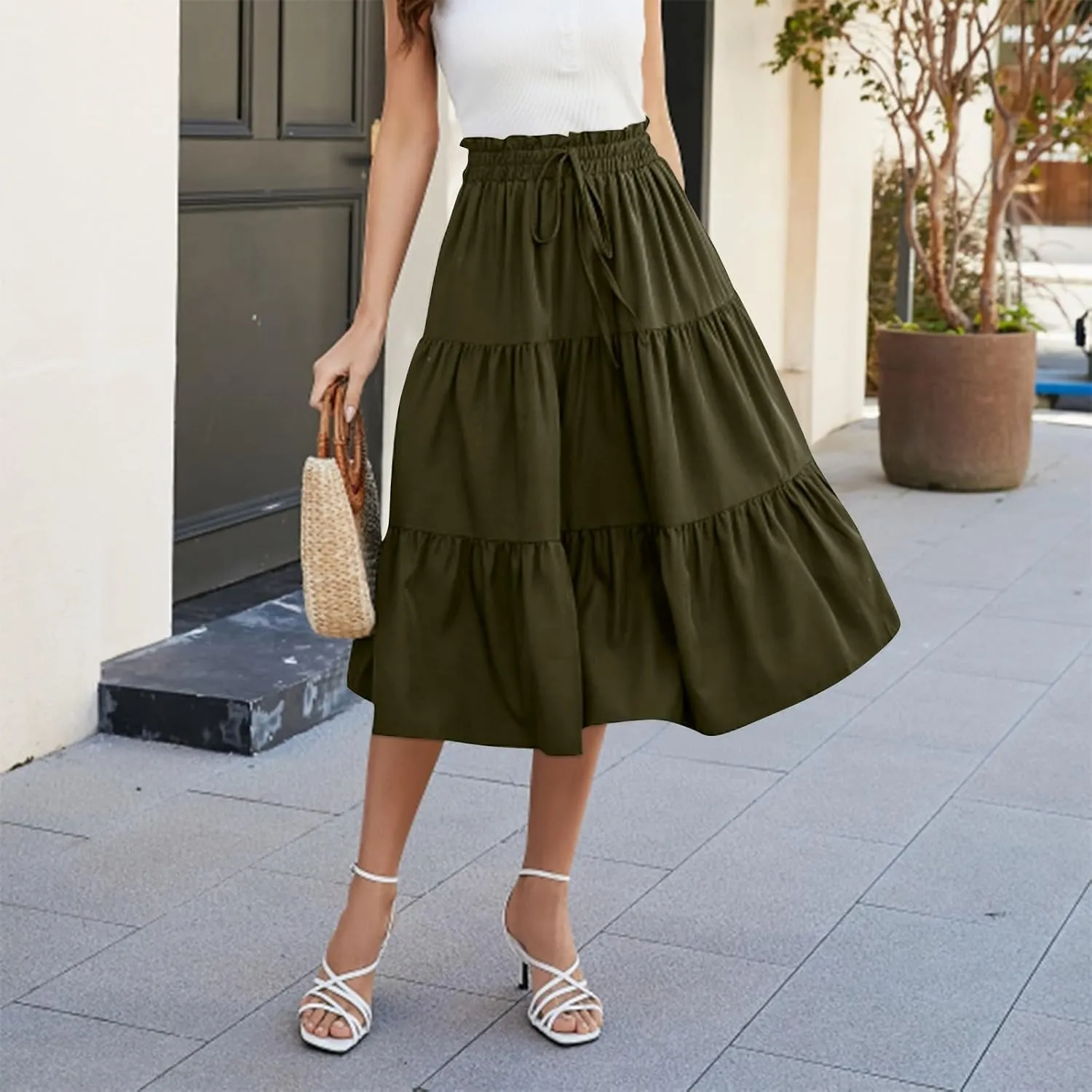 Women's Skirts Women's Summer Comfy Causal Elastic High Waisted Skirts Casual Floral Print A Line Skirt