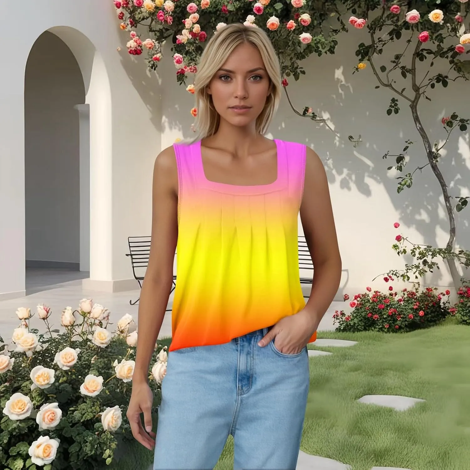 Women's Sleeveless Blouses Tank Tops Summer Outfits 2025 Square Neck Casual Shirts Blouses Tank Top, S-3XL
