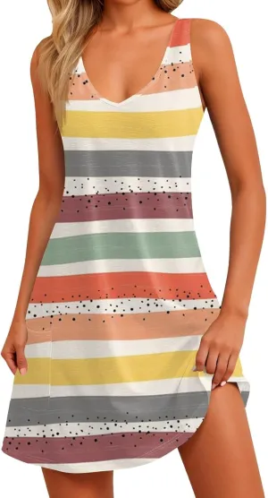 Women's Sleeveless Gradient Nightgown with Print, Soft V-Neck Sleepwear for Comfortable Nighttime Relaxation