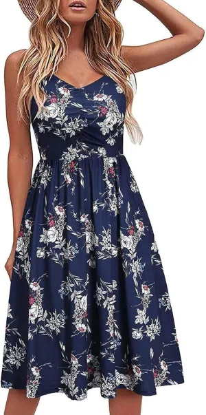 Womens Spaghetti Strap Summer Dress Sleeveless V Neck Sundress Pleated A Line Midi Dress Sexy Beach Vacation Outfits