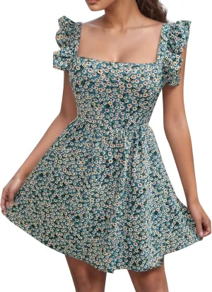Womens Square Neck Ruffle Strap Mini Dresses High Waist Tunic Floral Bohemia Elegant Sundress 2024 Summer Beach Holiday Dress