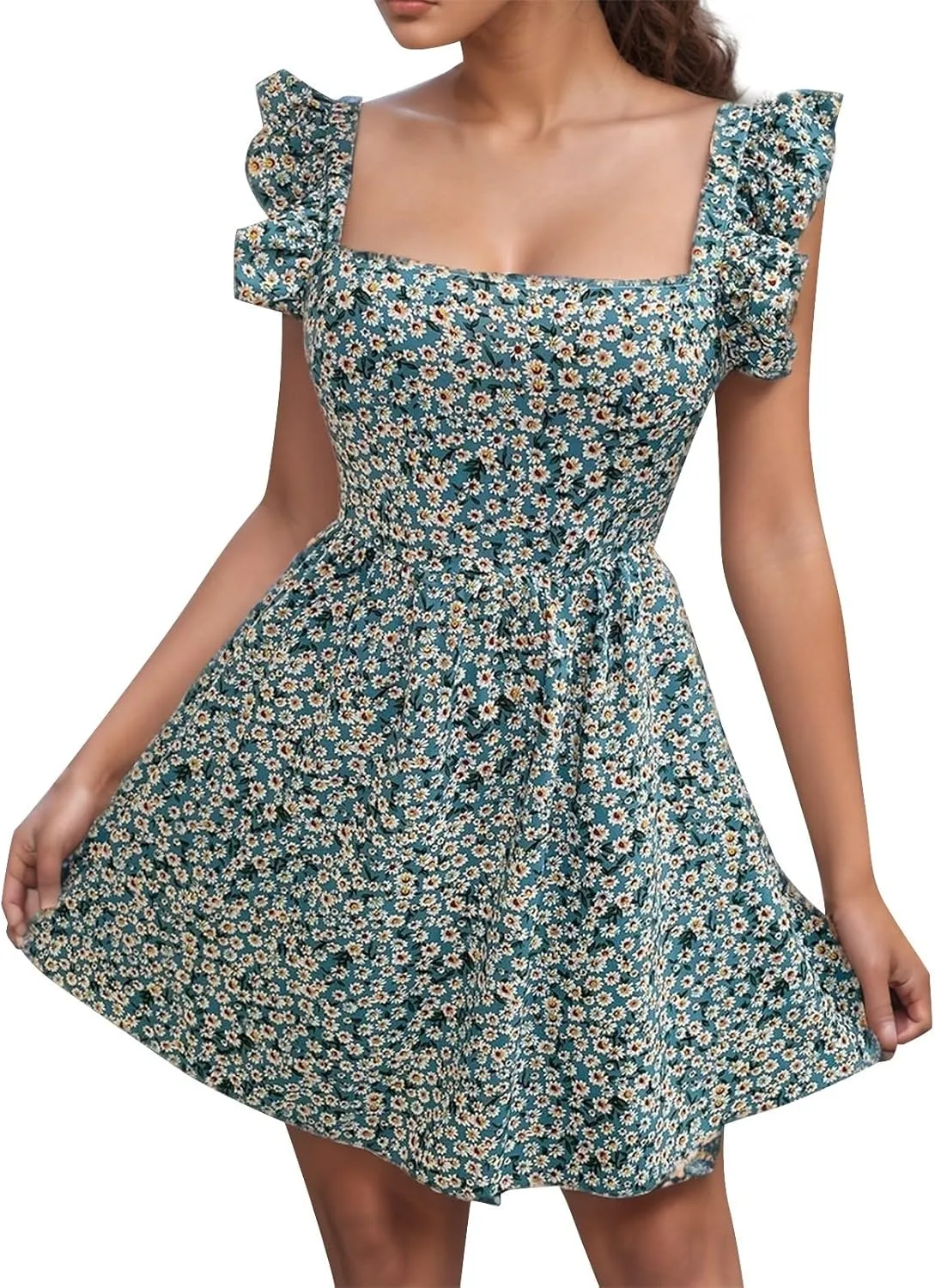 Womens Square Neck Ruffle Strap Mini Dresses High Waist Tunic Floral Bohemia Elegant Sundress 2024 Summer Beach Holiday Dress