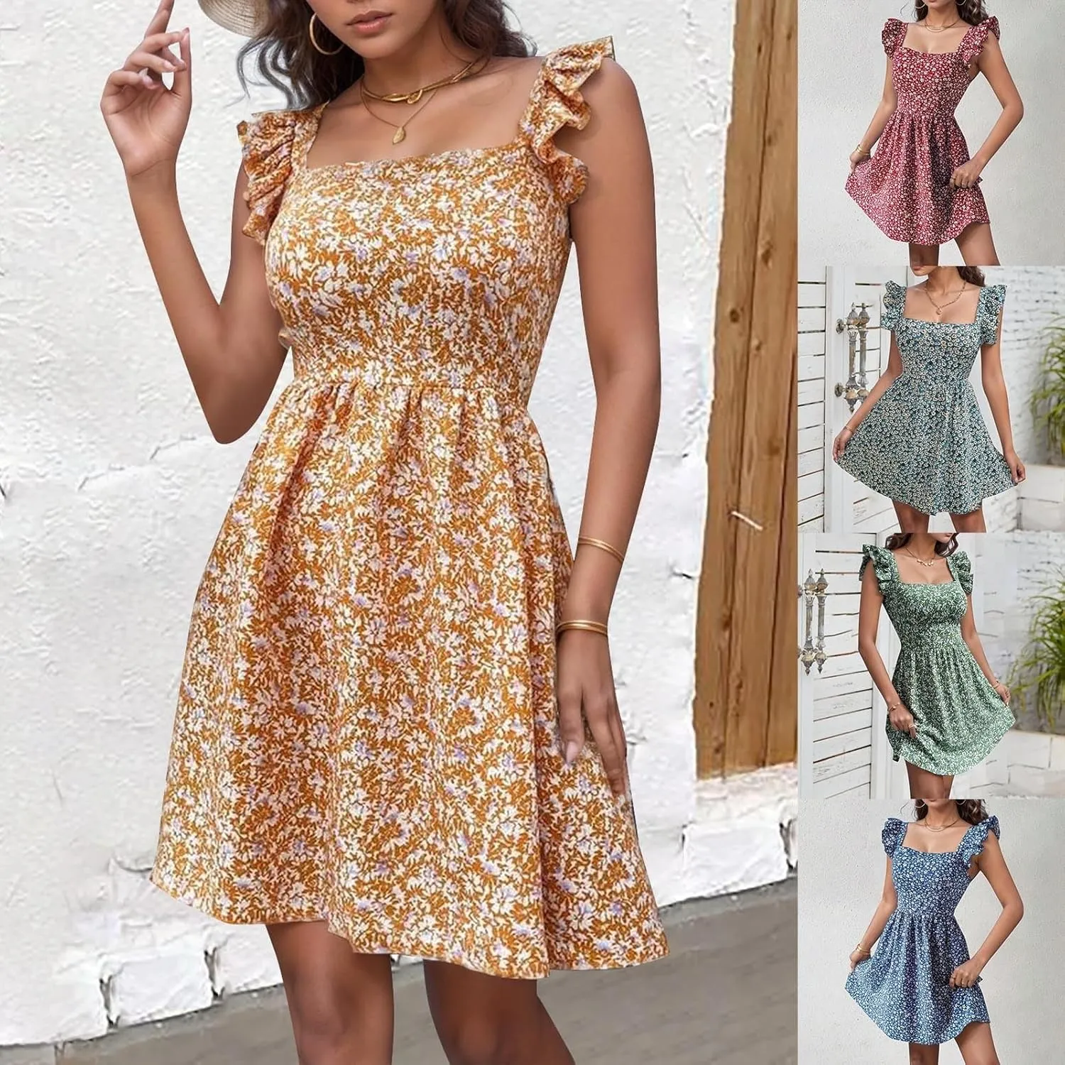 Womens Square Neck Ruffle Strap Mini Dresses High Waist Tunic Floral Bohemia Elegant Sundress 2024 Summer Beach Holiday Dress