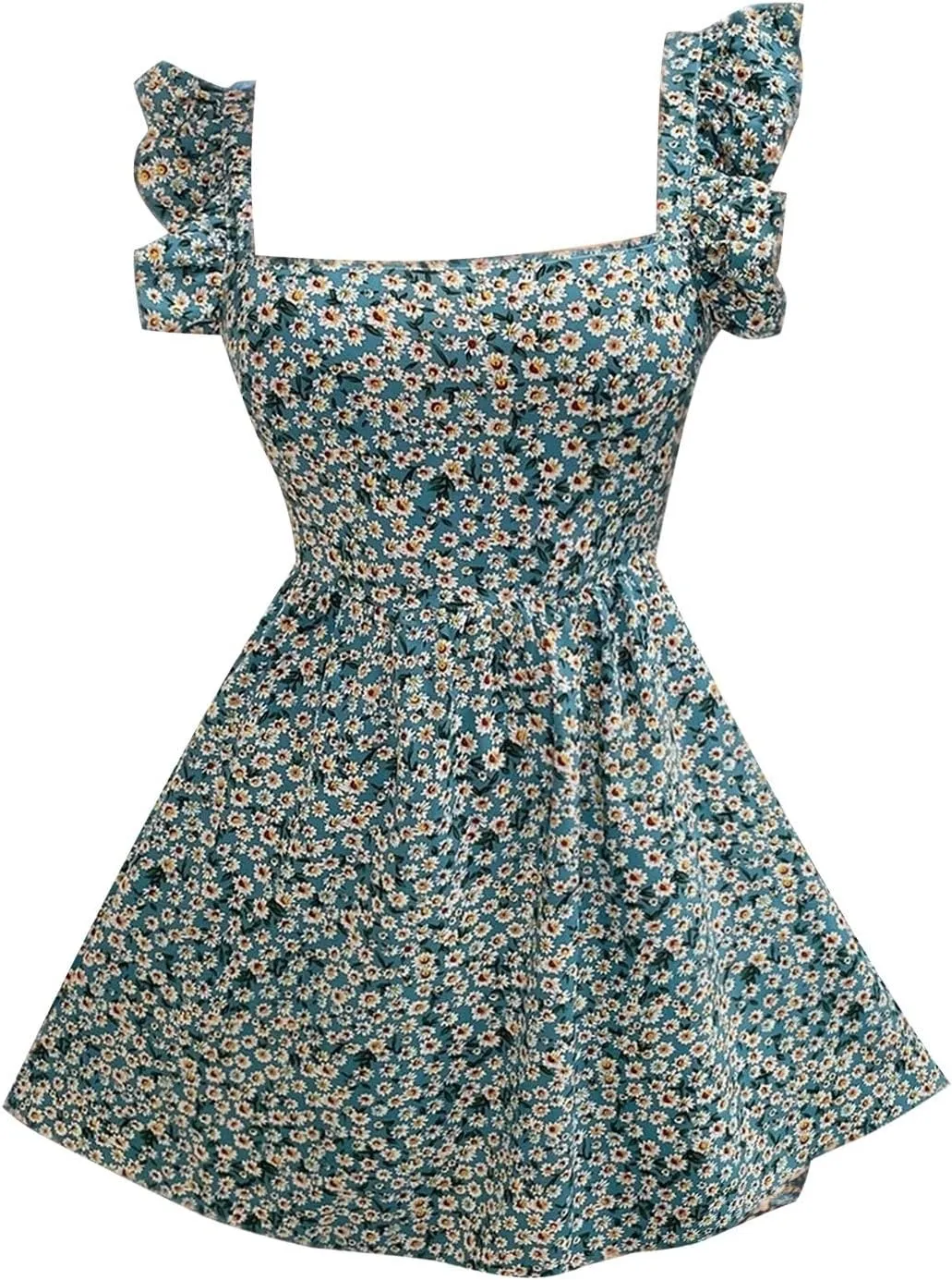 Womens Square Neck Ruffle Strap Mini Dresses High Waist Tunic Floral Bohemia Elegant Sundress 2024 Summer Beach Holiday Dress