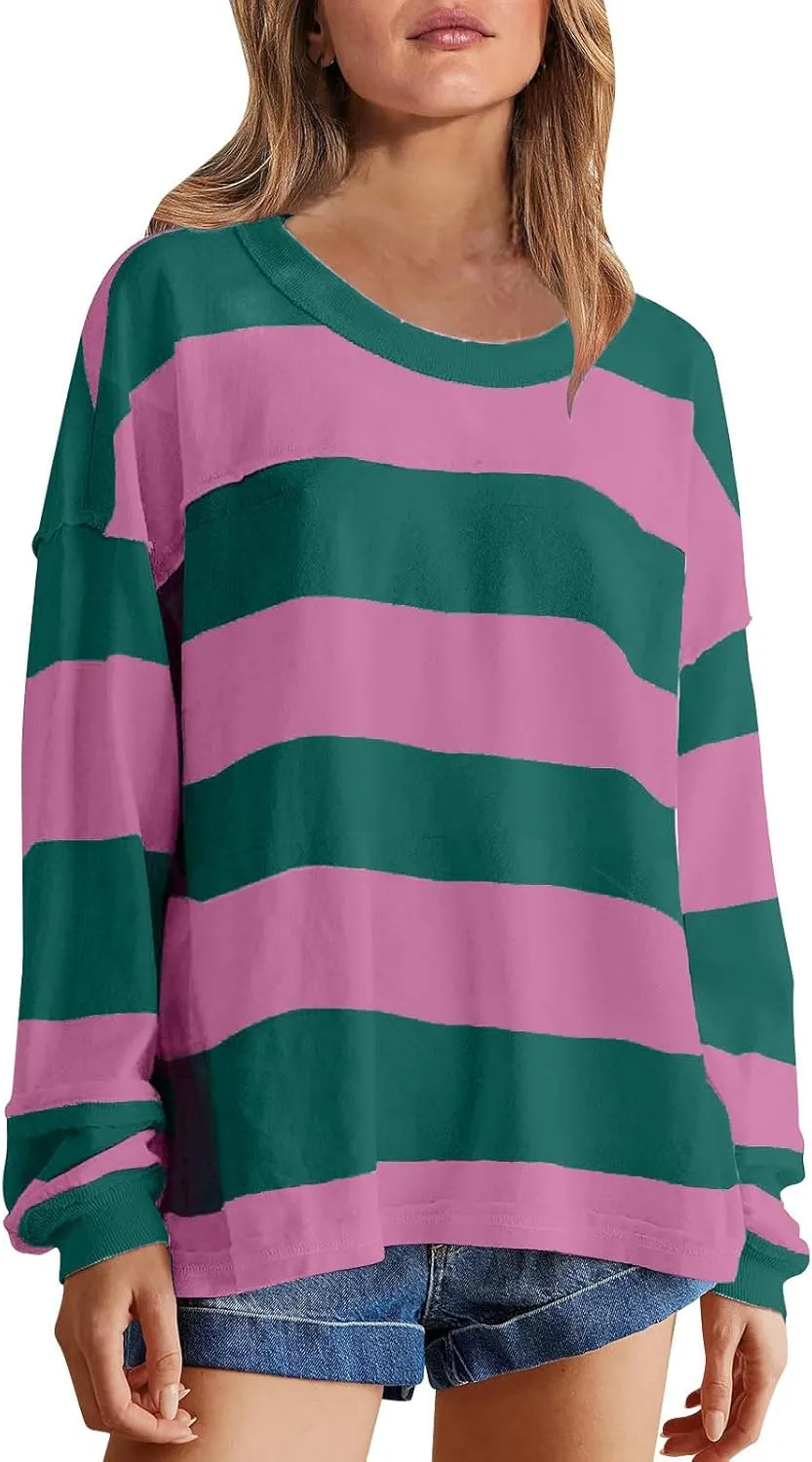 Women's Striped Sweatshirt Long Sleeve Shirts Crewneck Oversized Casual Pullover Top 2024 Fall Fashion Outfits Clothes