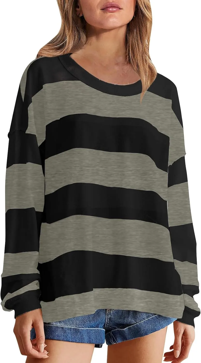 Women's Striped Sweatshirt Long Sleeve Shirts Crewneck Oversized Casual Pullover Top 2024 Fall Fashion Outfits Clothes