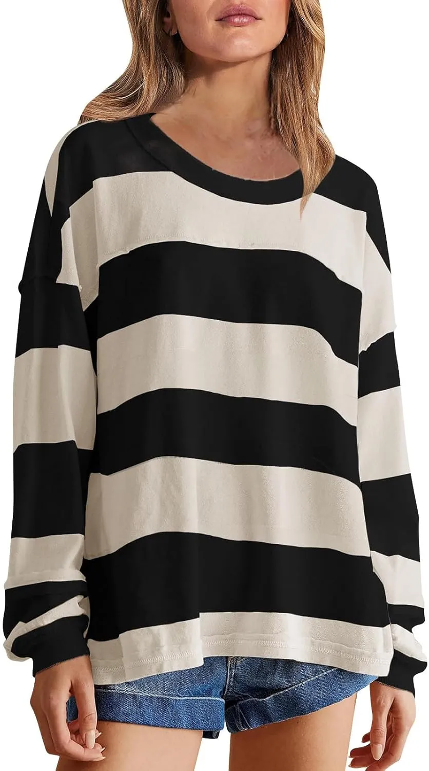 Women's Striped Sweatshirt Long Sleeve Shirts Crewneck Oversized Casual Pullover Top 2024 Fall Fashion Outfits Clothes