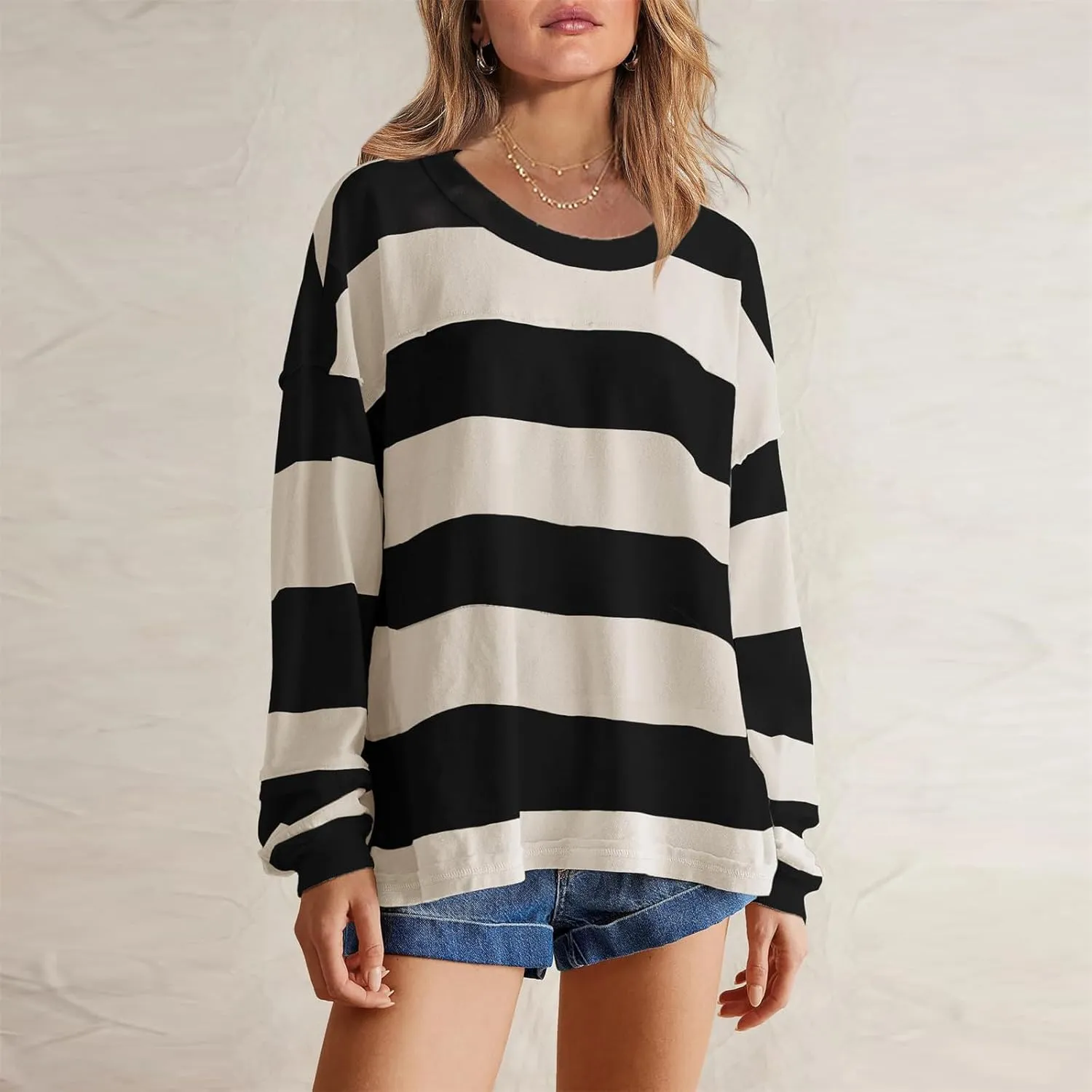 Women's Striped Sweatshirt Long Sleeve Shirts Crewneck Oversized Casual Pullover Top 2024 Fall Fashion Outfits Clothes