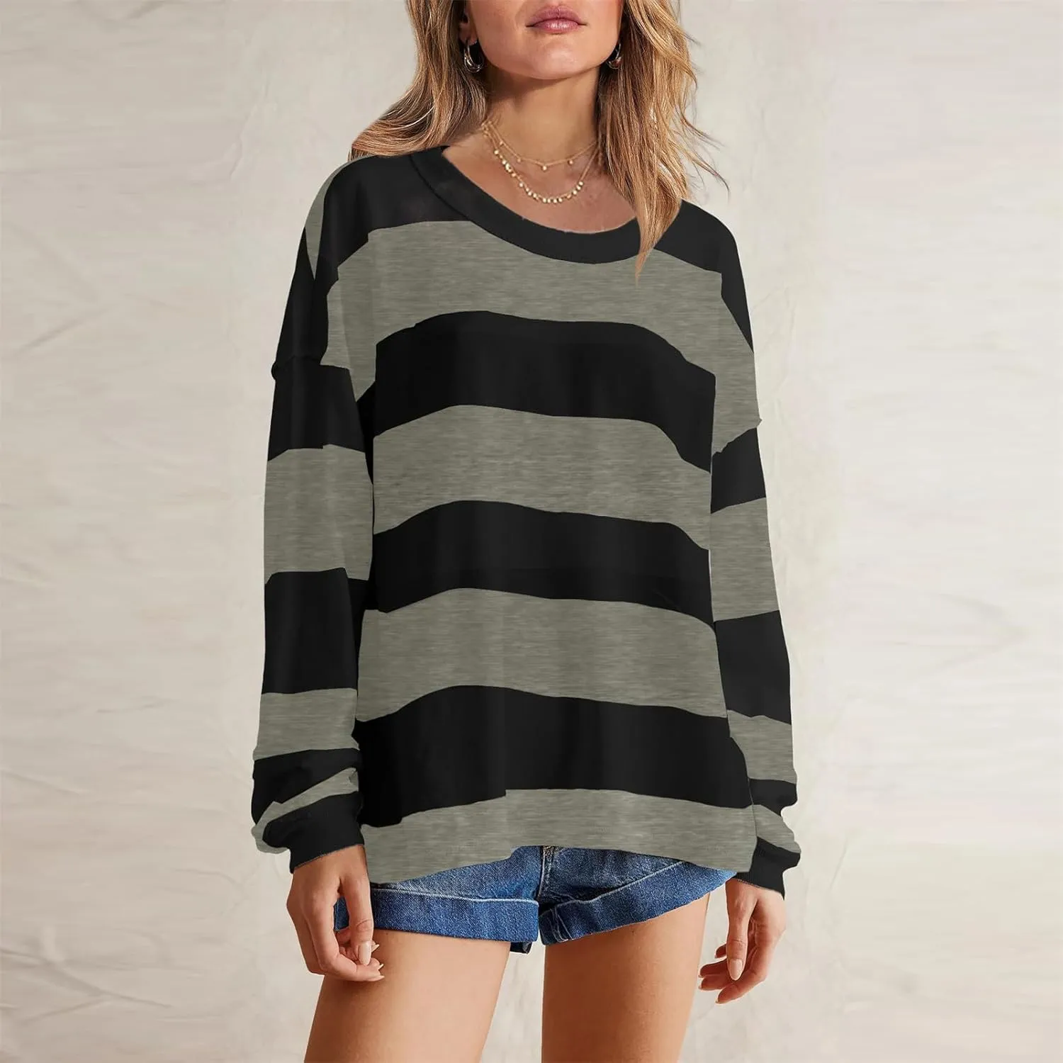 Women's Striped Sweatshirt Long Sleeve Shirts Crewneck Oversized Casual Pullover Top 2024 Fall Fashion Outfits Clothes