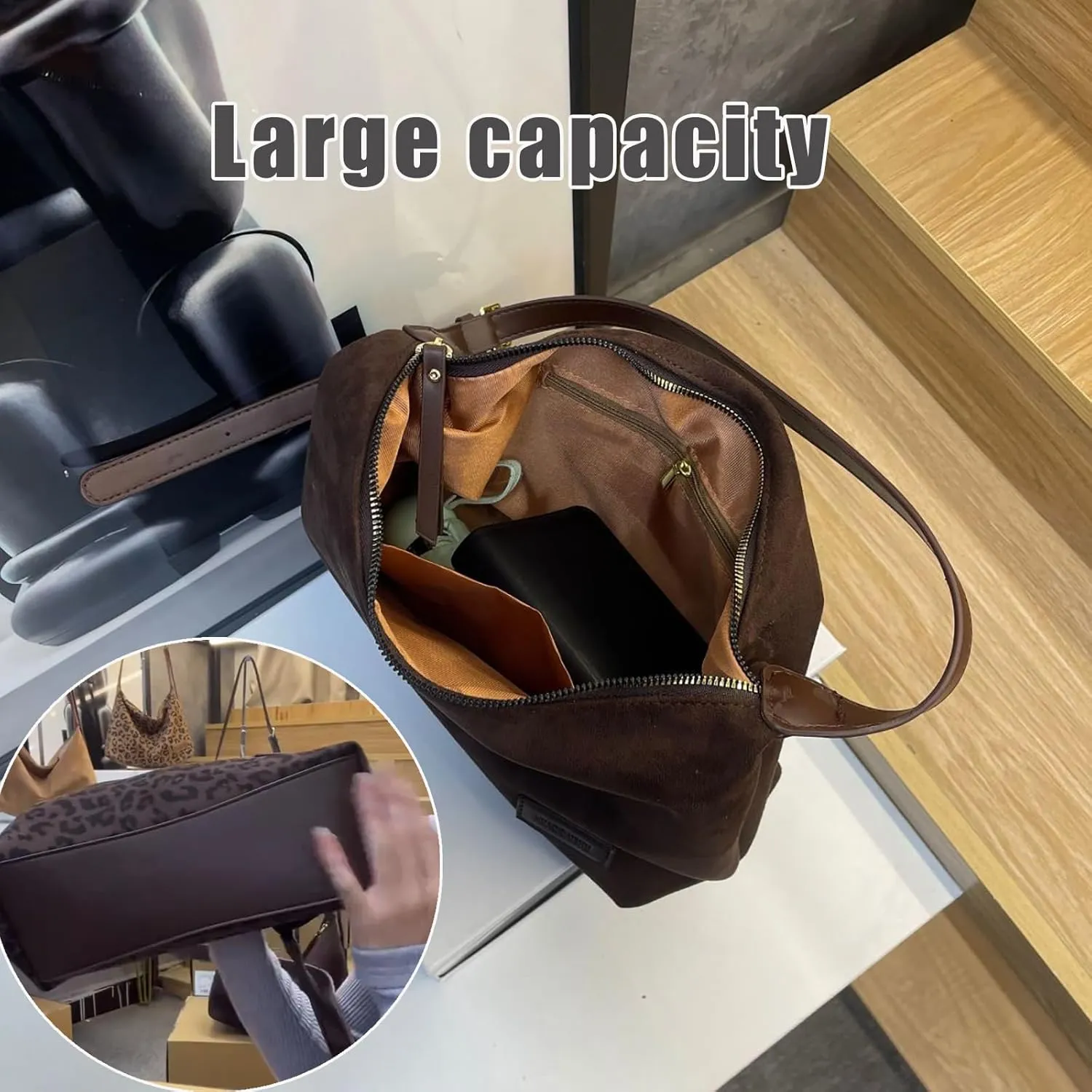 Women's Suede Leopard Tote Bag Cheetah Print Crescent Shoulder Purse Trendy Brown Ladies Hobo Bag Fall Big Work Hand Bags