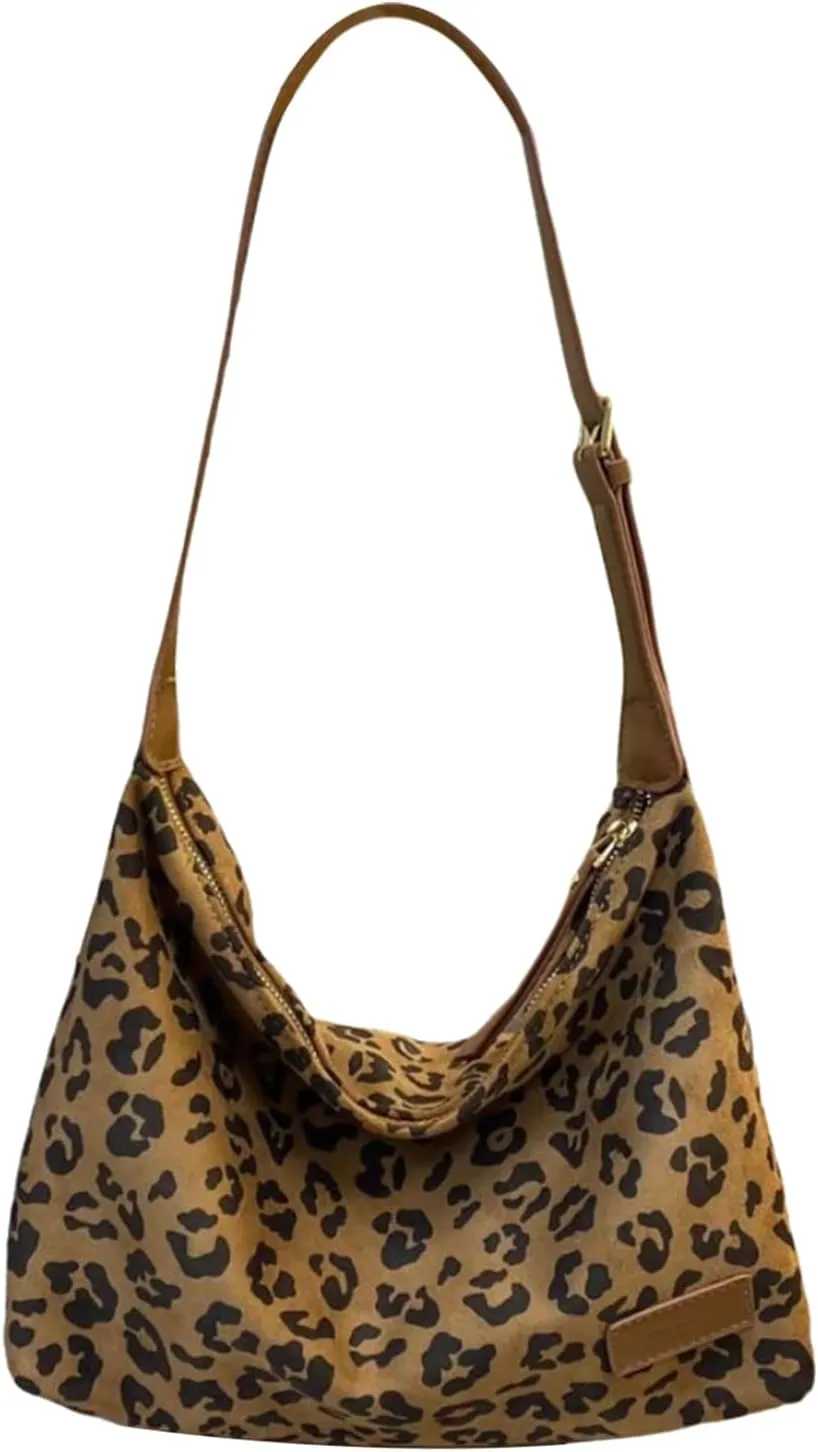 Women's Suede Leopard Tote Bag Cheetah Print Crescent Shoulder Purse Trendy Brown Ladies Hobo Bag Fall Big Work Hand Bags