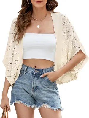 Women's Summer Cardigan Bolero Shrug Sweater Lightweight Crochet Batwing Sleeve Open Front Cropped Cardigans
