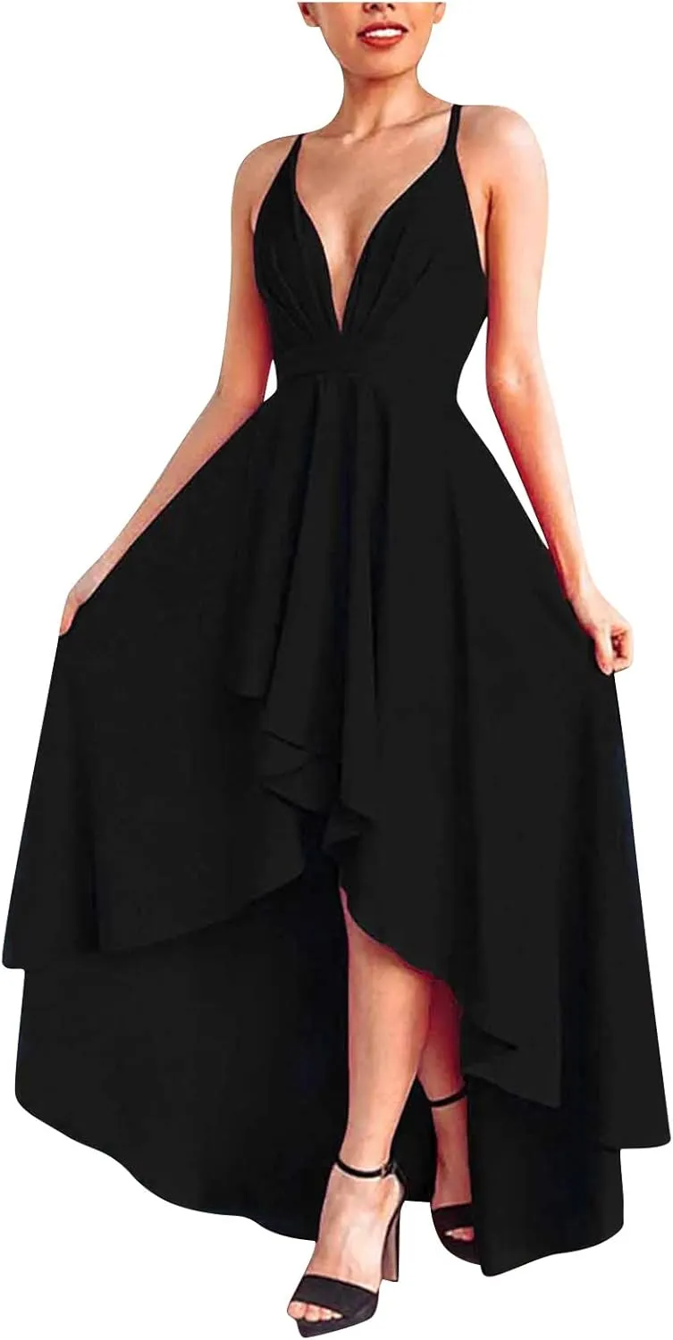Women's Summer Casual Boho Long Dresses Spaghetti Strap Deep V Neck Flowy Sexy Backless Bandage Banquet Dresses