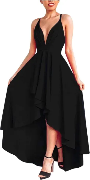 Women's Summer Casual Boho Long Dresses Spaghetti Strap Deep V Neck Flowy Sexy Backless Bandage Banquet Dresses