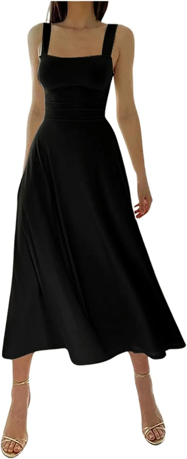 Womens Summer Casual Sleeveless Midi Dresses Scoop Neck Fit & Flare A-Line Flowy Long Sundress Beach Outfits