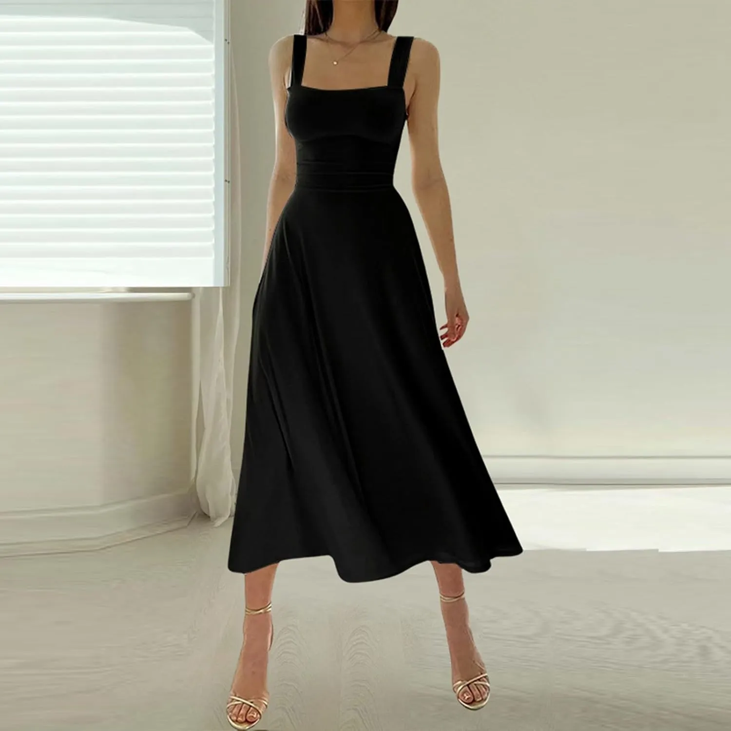 Womens Summer Casual Sleeveless Midi Dresses Scoop Neck Fit & Flare A-Line Flowy Long Sundress Beach Outfits