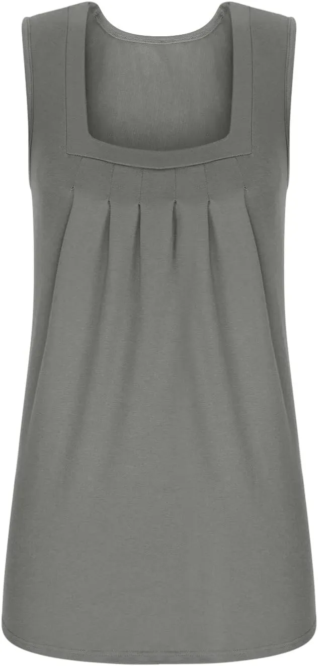 Womens Summer Casual Tank Tops Sleeveless Comfy Tees Shirts Fashion Square Neck Pleated Flowy Tunic Blouses