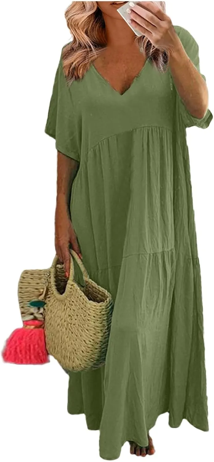 Womens Summer Cotton Linen Dresses Casual Short Sleeve Plus Size Midi Dress Elegant V Neck Ruched Flowy Boho Dress
