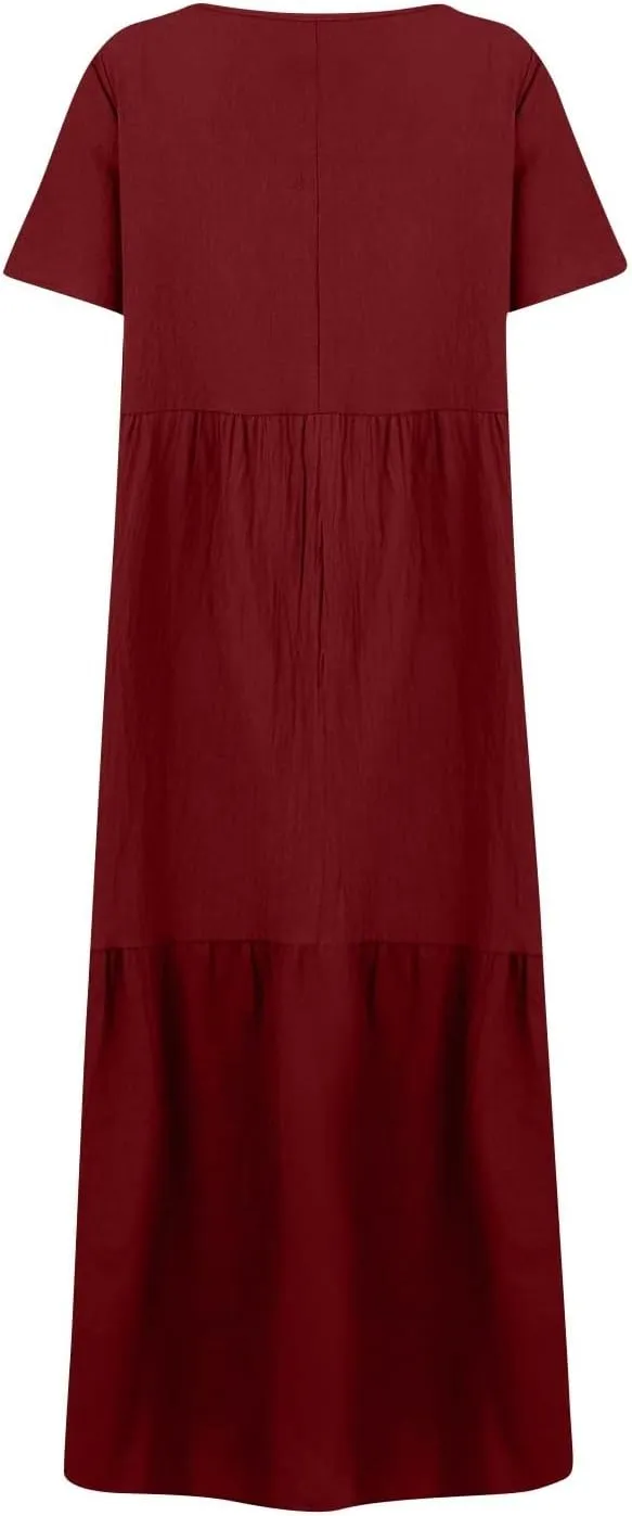 Womens Summer Cotton Linen Dresses Casual Short Sleeve Plus Size Midi Dress Elegant V Neck Ruched Flowy Boho Dress