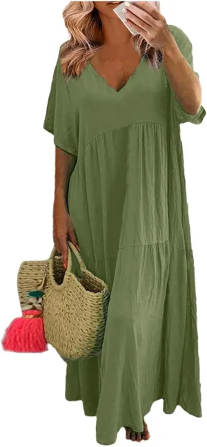 Womens Summer Cotton Linen Dresses Casual Short Sleeve Plus Size Midi Dress Elegant V Neck Ruched Flowy Boho Dress