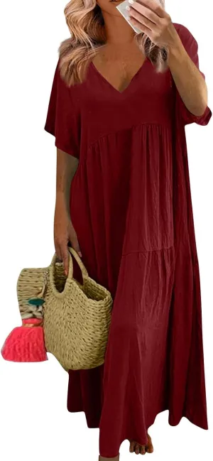 Womens Summer Cotton Linen Dresses Casual Short Sleeve Plus Size Midi Dress Elegant V Neck Ruched Flowy Boho Dress