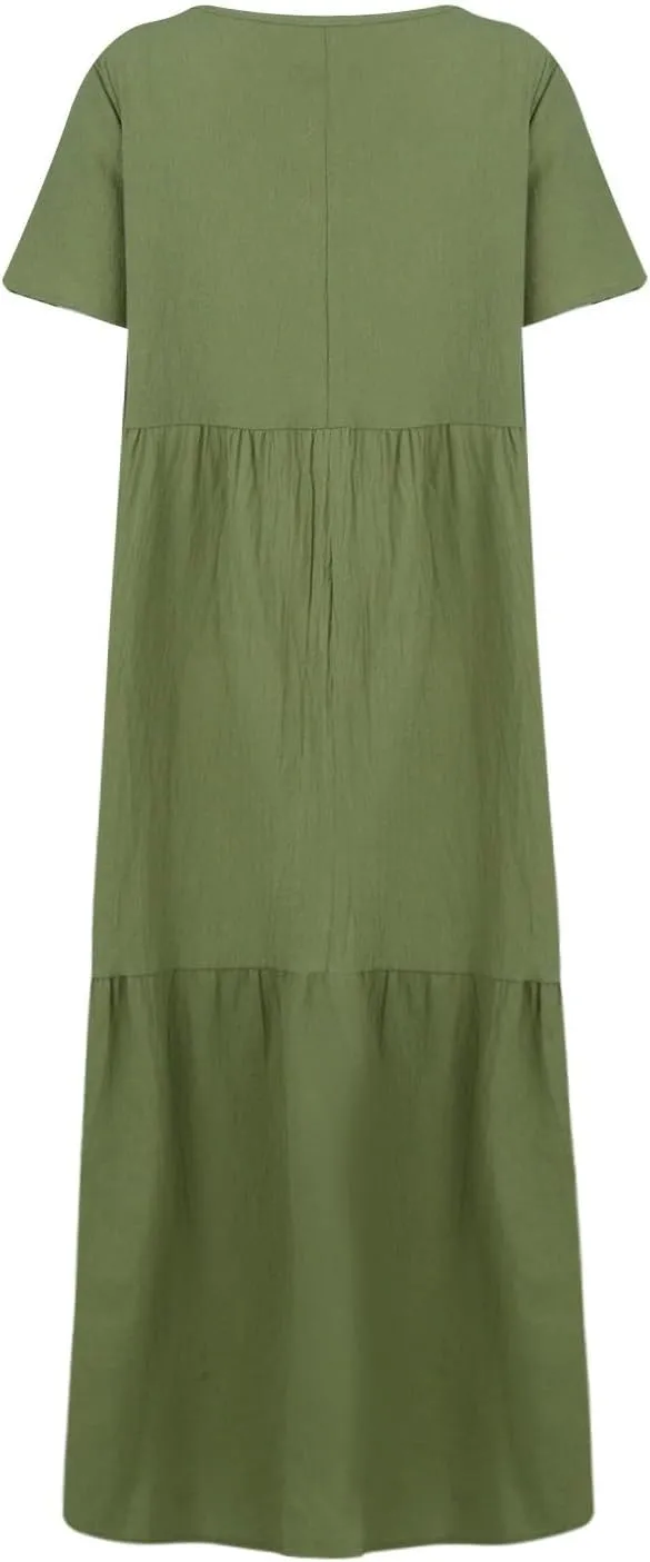 Womens Summer Cotton Linen Dresses Casual Short Sleeve Plus Size Midi Dress Elegant V Neck Ruched Flowy Boho Dress