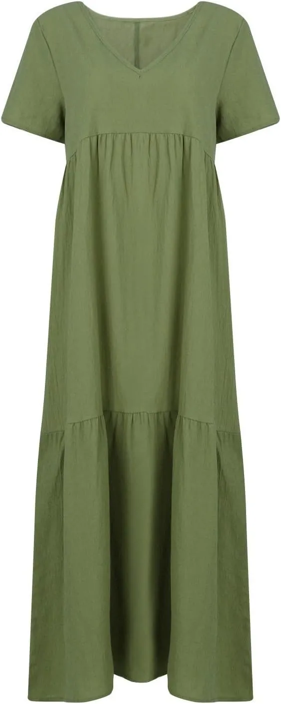 Womens Summer Cotton Linen Dresses Casual Short Sleeve Plus Size Midi Dress Elegant V Neck Ruched Flowy Boho Dress