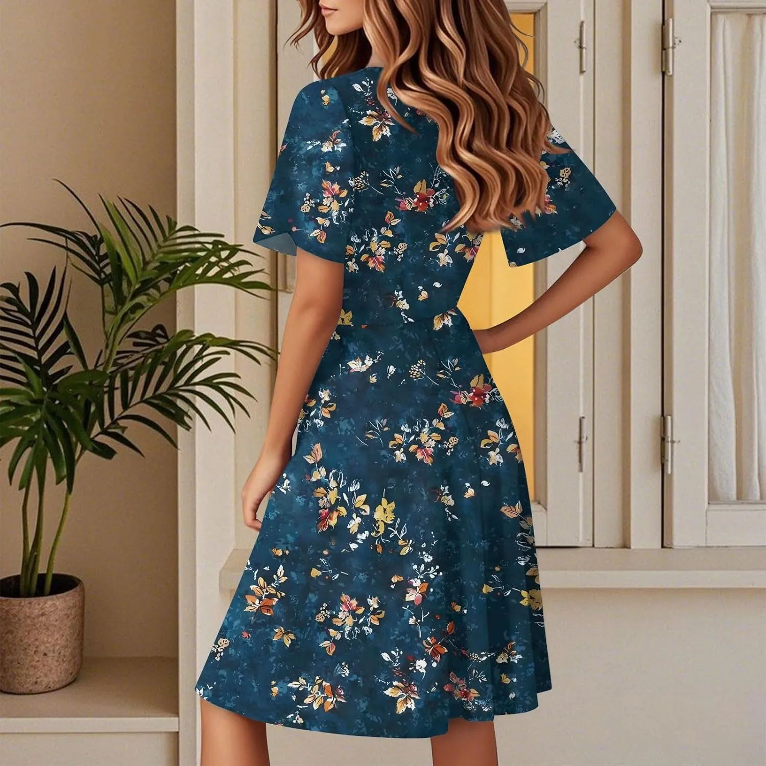 Womens Summer Dresses 2025 V Neck Short Sleeve Boho Floral Printed Midi Dress Casual Beach Vacation Clothes