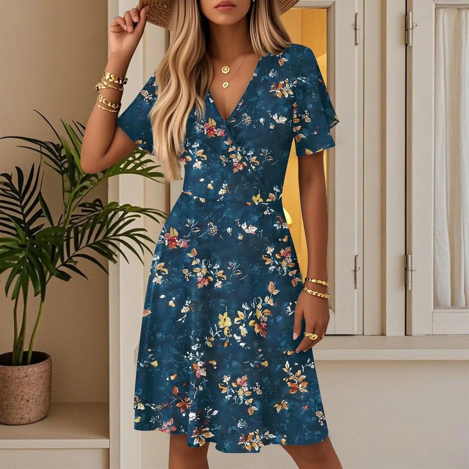 Womens Summer Dresses 2025 V Neck Short Sleeve Boho Floral Printed Midi Dress Casual Beach Vacation Clothes