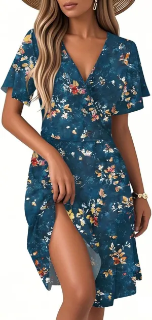 Womens Summer Dresses 2025 V Neck Short Sleeve Boho Floral Printed Midi Dress Casual Beach Vacation Clothes